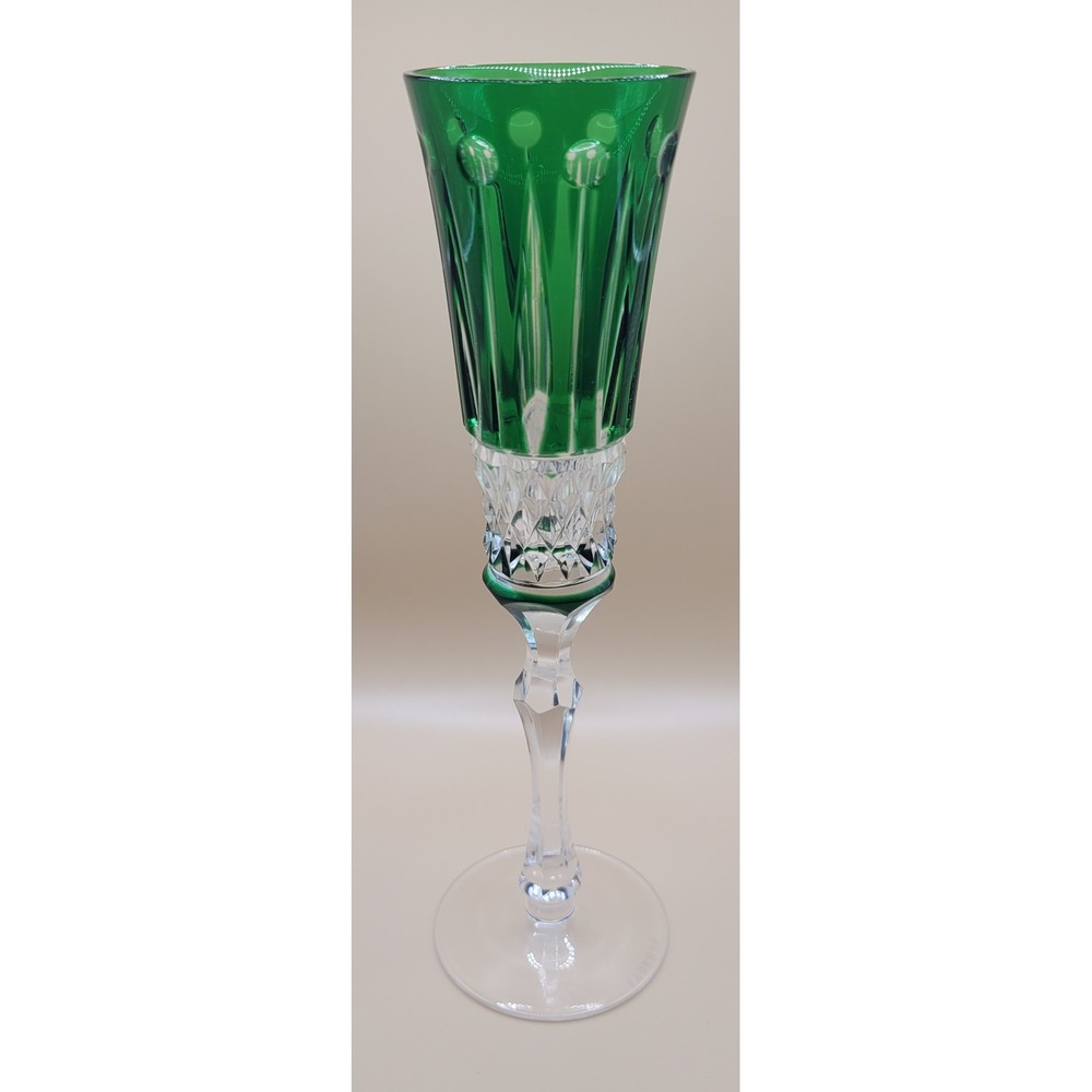 Faberge Xenia Emerald Green Cut to Clear Crystal Champagne Flute Signed